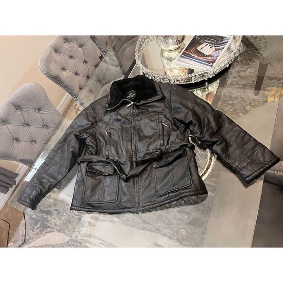The Connection New York Jacket‎ Black Leather Belt Zip Faux Fur Lined Pockets - Picture 1 of 16
